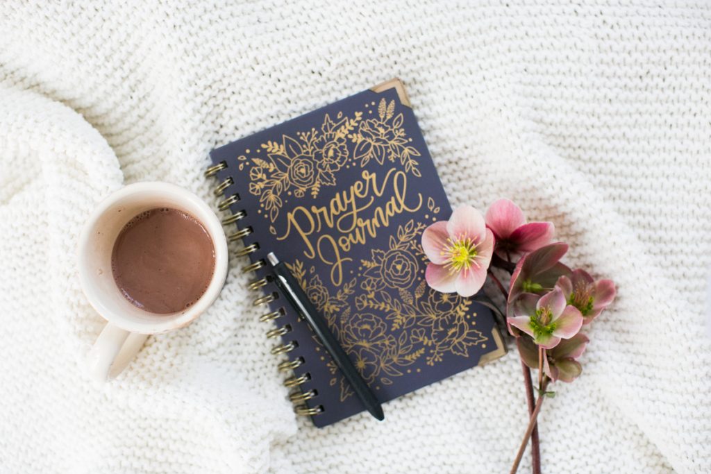 photo of prayer journal, flowers and coffee