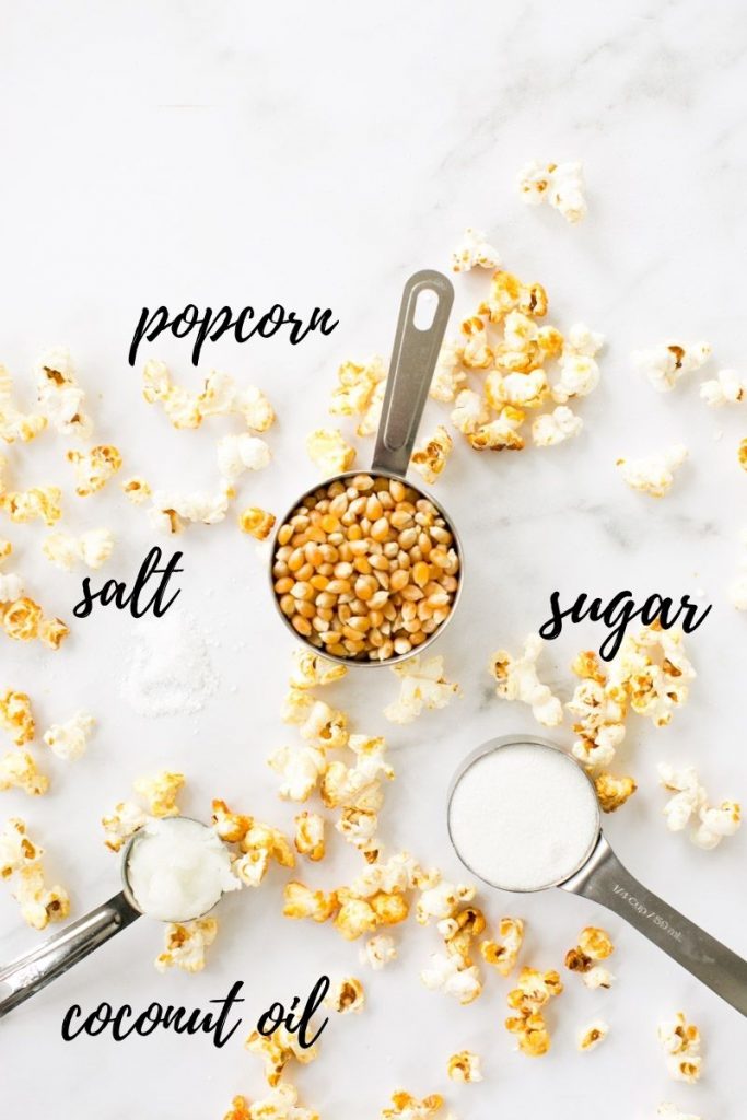 Simple ingredients for an easy old fashioned sweet and salty kettle corn recipe. 