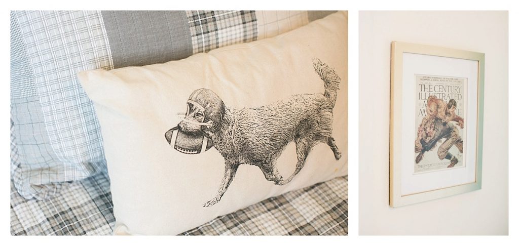 Pillow with a dog on it and a framed photo of football players for a cozy  and warm minimalist bedroom design. 