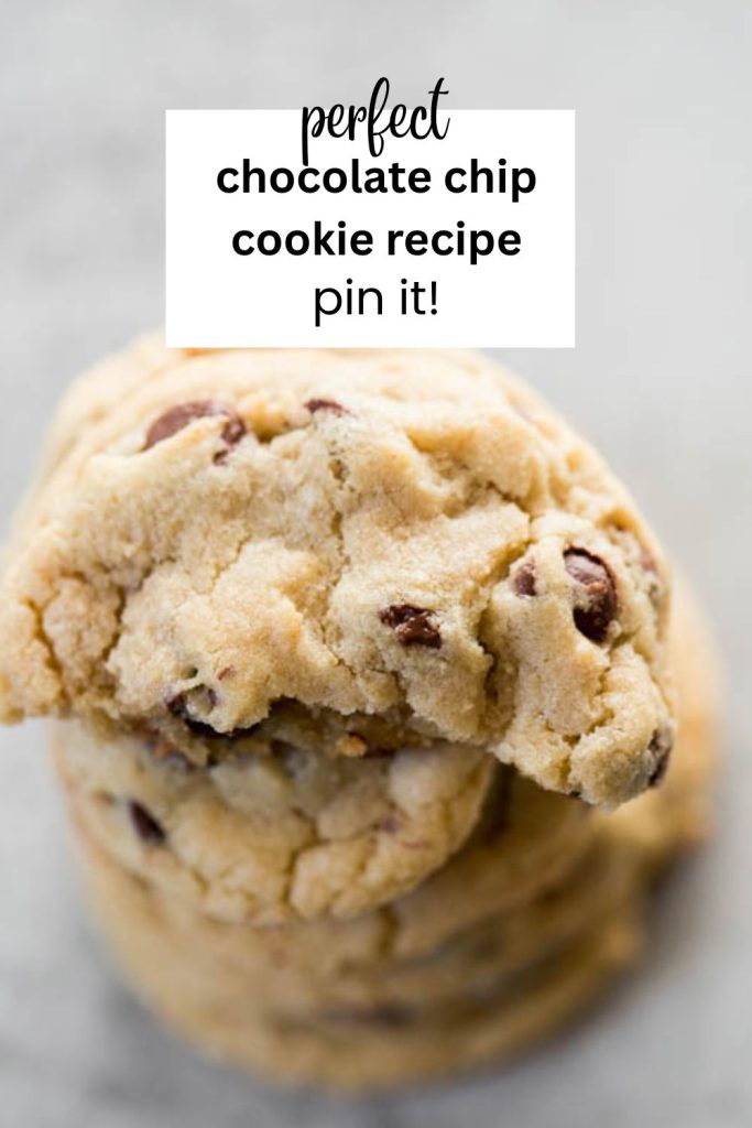 a pinterest pin with a photo of soft and chewy chocolate chip cookies on it