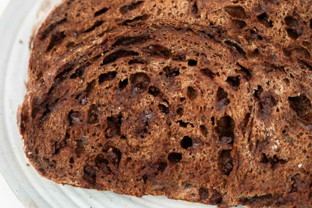 slices of sourdough double chocolate bread on a plate