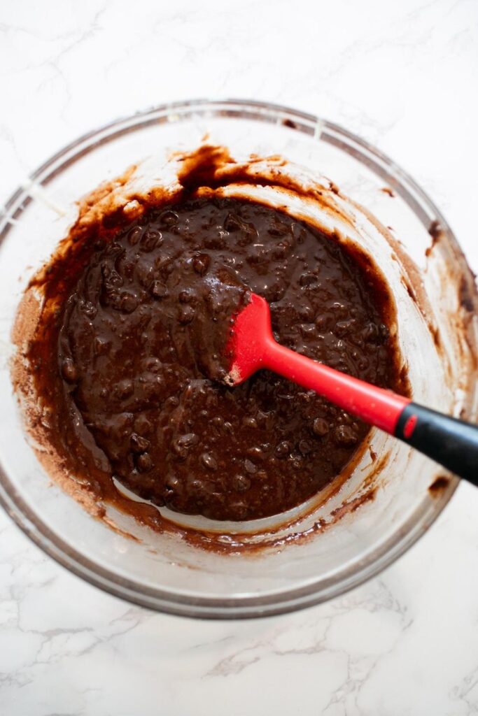 sourdough discard chocolate fudge brownie batter in a bowl