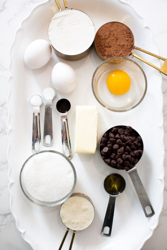 ingredients for sourdough discard fudge brownies on a tray