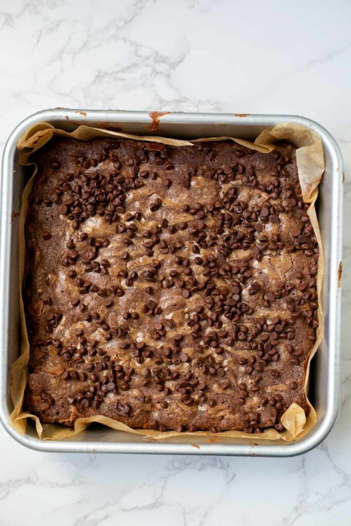 double chocolate sourdough brownies in a 8x8 pan 