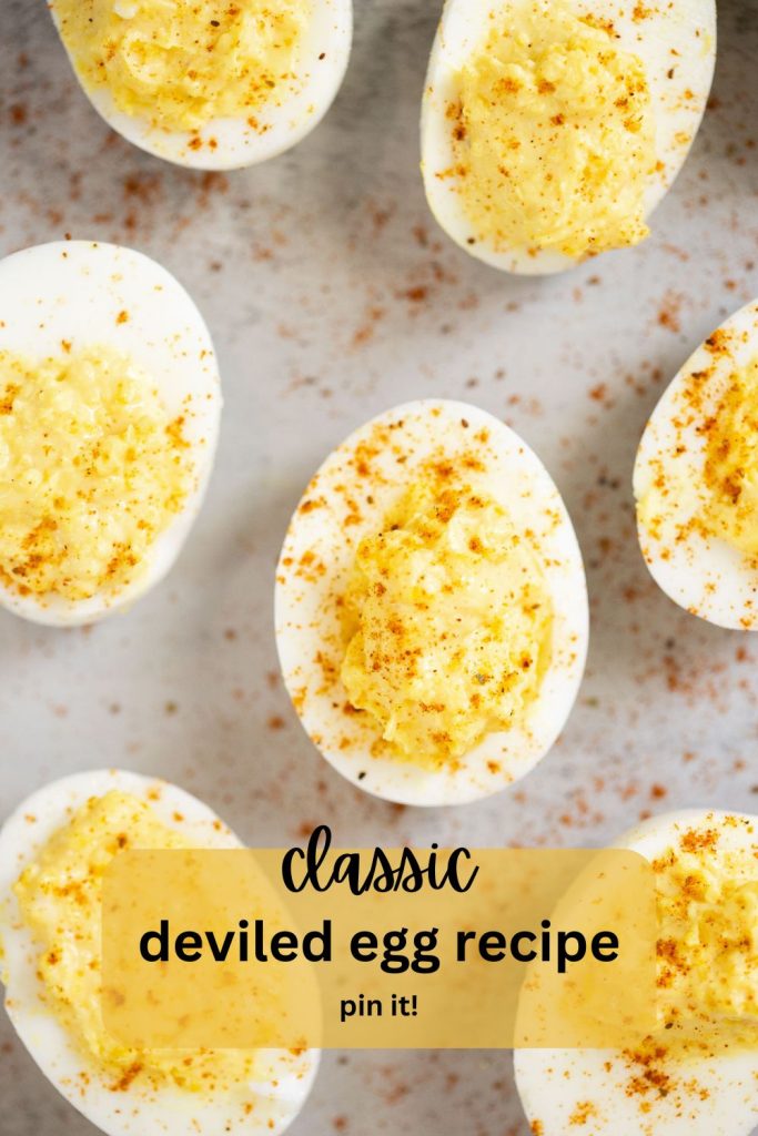 a pinterest pin with deviled eggs sprinkled with paprika pictures on it