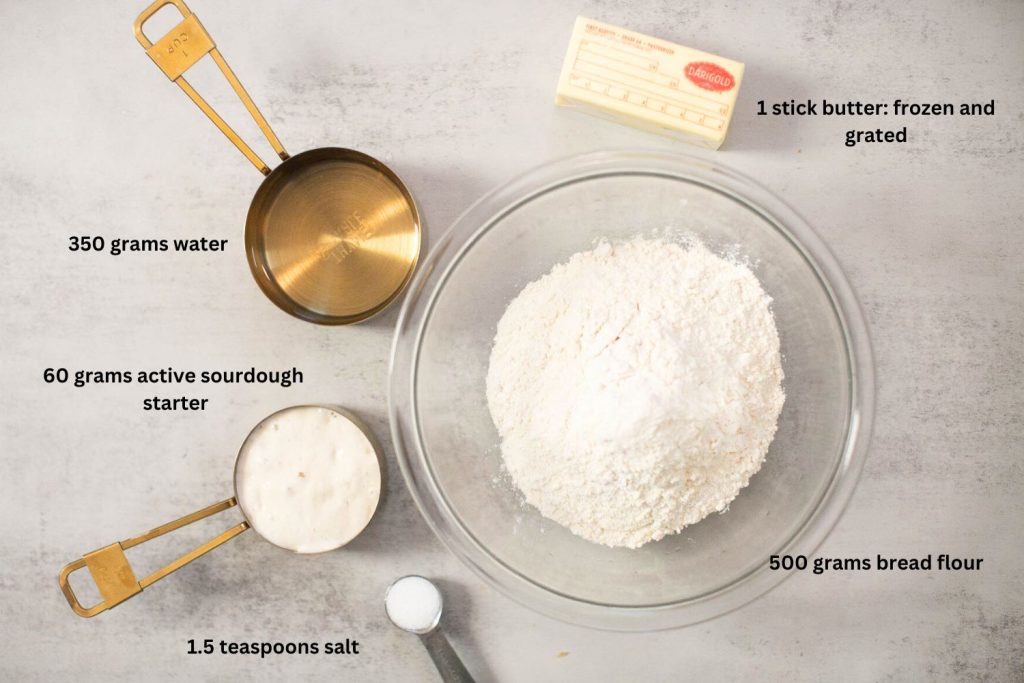 ingredients for sourdough croissant bread: flour, butter, water, salt, and active sourdough starter