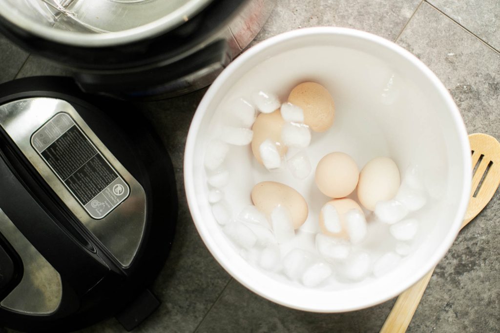 eggs that were cooked in an instant pot and transferred to an ice bath