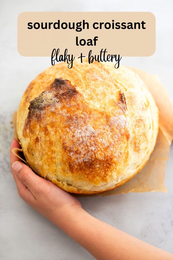 a pinterest pin with a photo of a sourdough croissant loaf on it