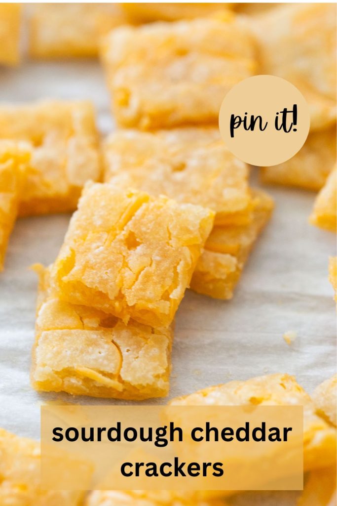 a pinterest pin with a photo of sourdough cheddar cheese crackers in a stack