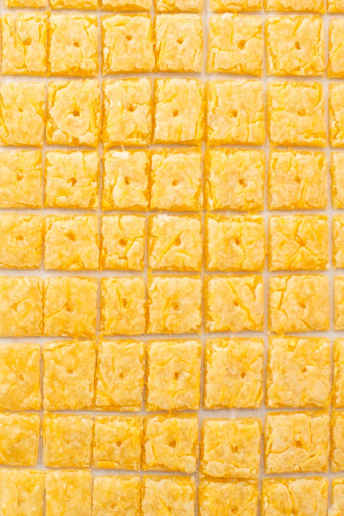 sourdough discard cheddar crackers on a tray
