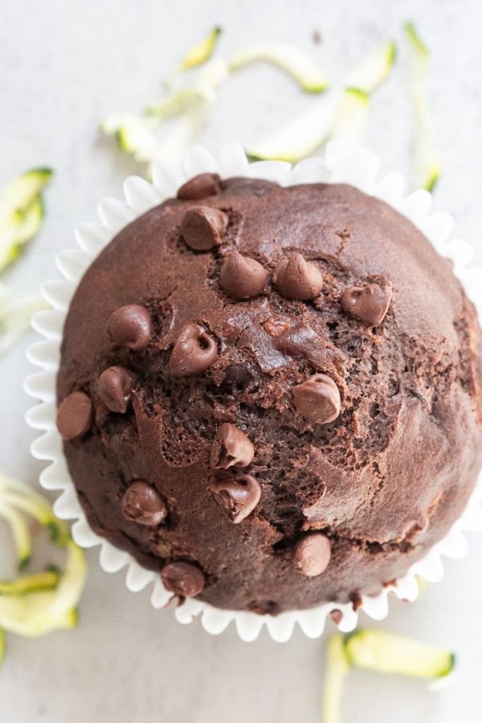 sourdough discard chocolate chip zucchini muffin with chocolate chips