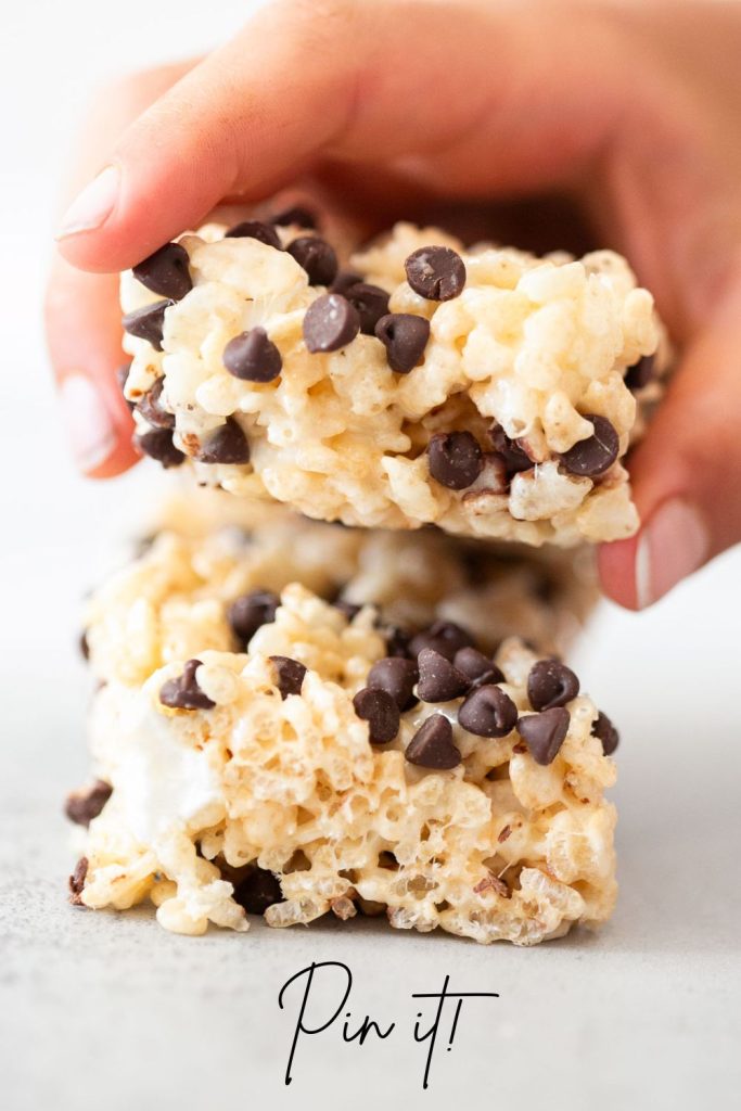 homemade rice krispie treats with miniature chocolate chips on tops