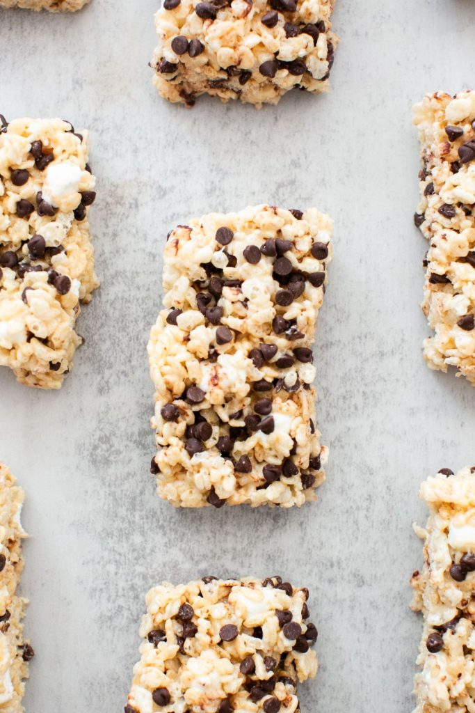 homemade chocolate chip rice krispie treats on a plate