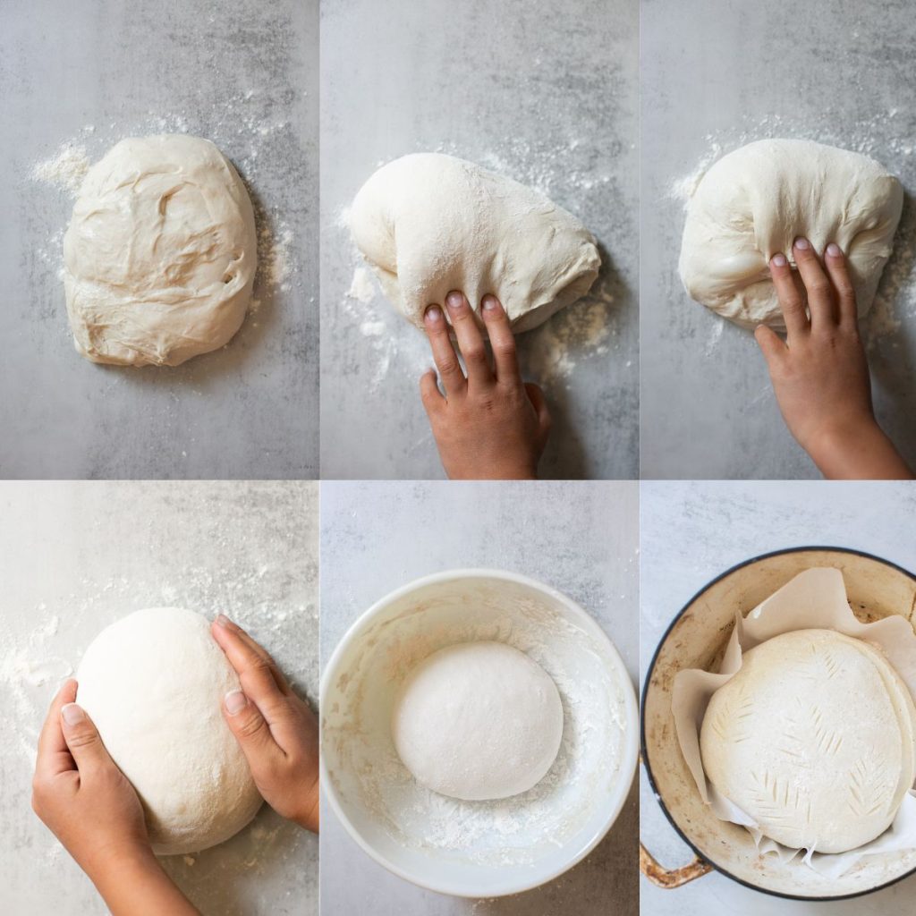 sourdough bread being shaped, scored and placed into a dutch oven.