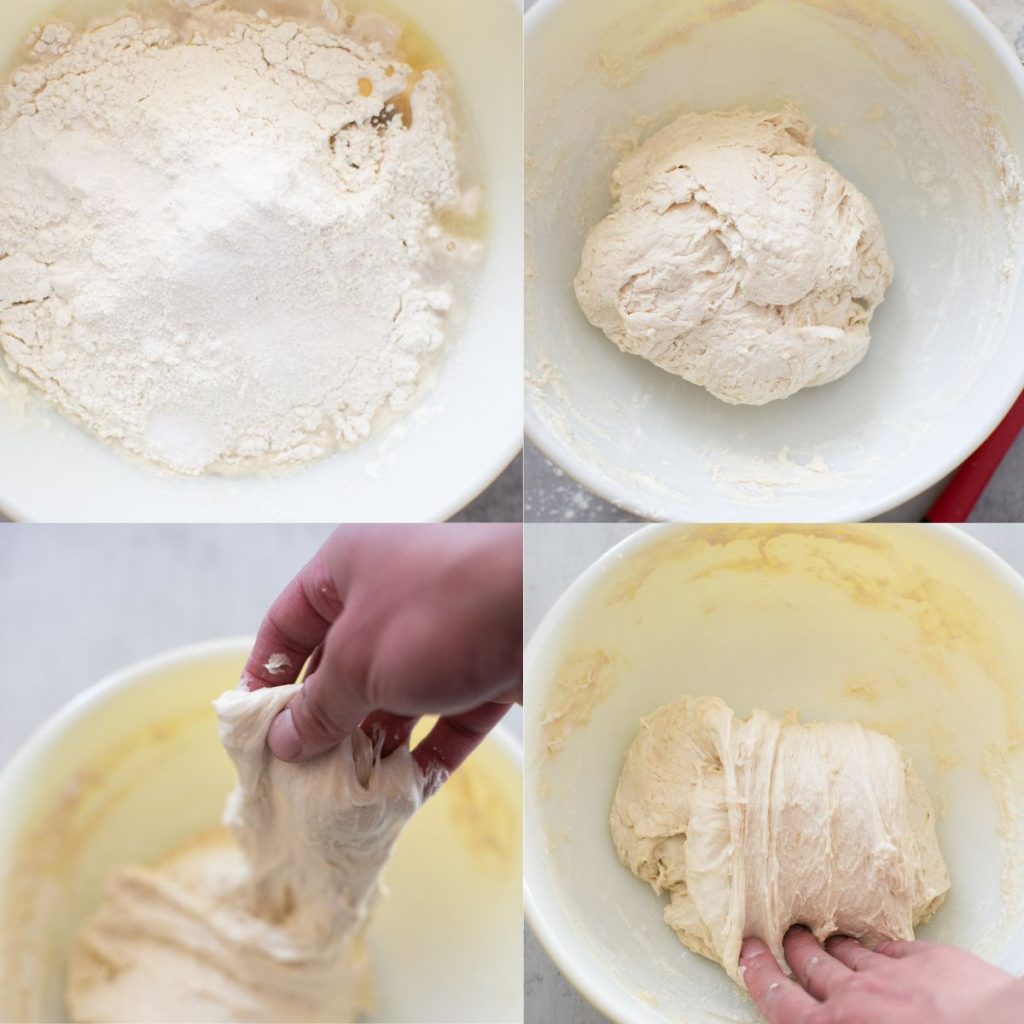 dutch oven sourdough bread ingredients being mixed together, shaped and given stretches and folds.