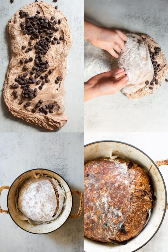 sourdough chocolate croissant bread being rolled into a dough ball and baked in a dutch oven