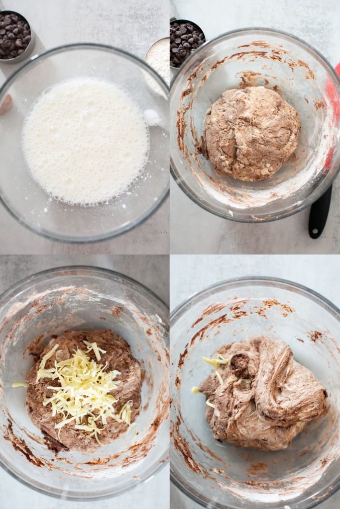 sourdough croissant bread being mixed together with cocoa powder, salt, flour, sourdough starter and frozen butter. 