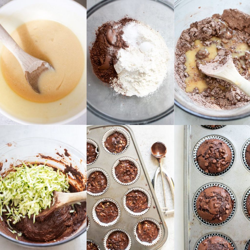 process photos of sourdough zucchini muffins being made: flour and salt and baking soda mixed together, the wet ingredients mixed together, the batter being put into muffin tins and the muffins baking in a muffin tin.