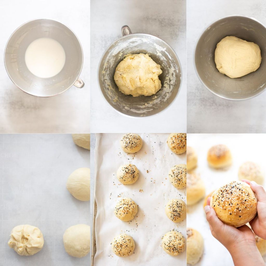 sourdough discard buns being made step by step: dough being mixed an fermented, places on baking sheet, and bake.