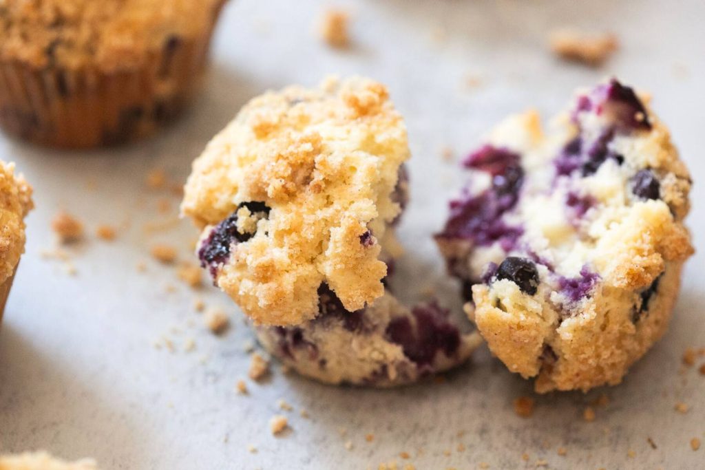 sourdough discard blueberry muffin on a table