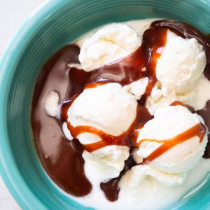 3 ingredient caramel sauce poured over ice cream