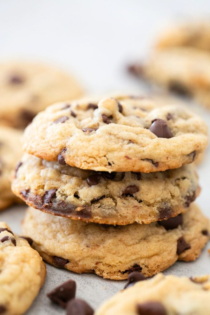 browned butter chocolate chip sourdough cookies in a stack