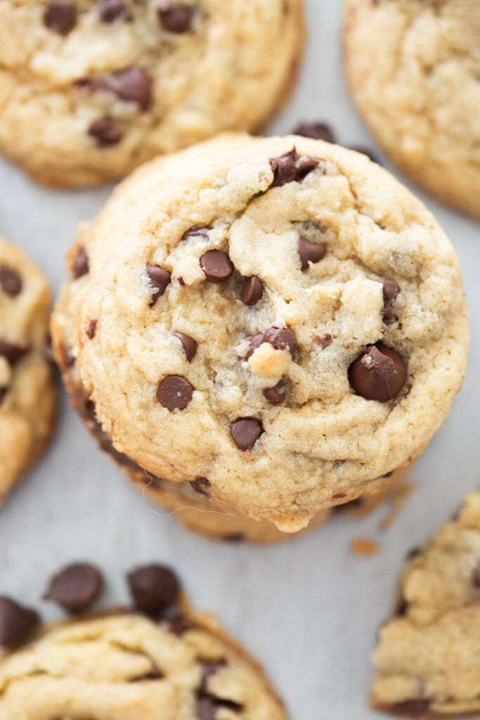 sourdough discard browned butter chocolate chip cookies on a plate