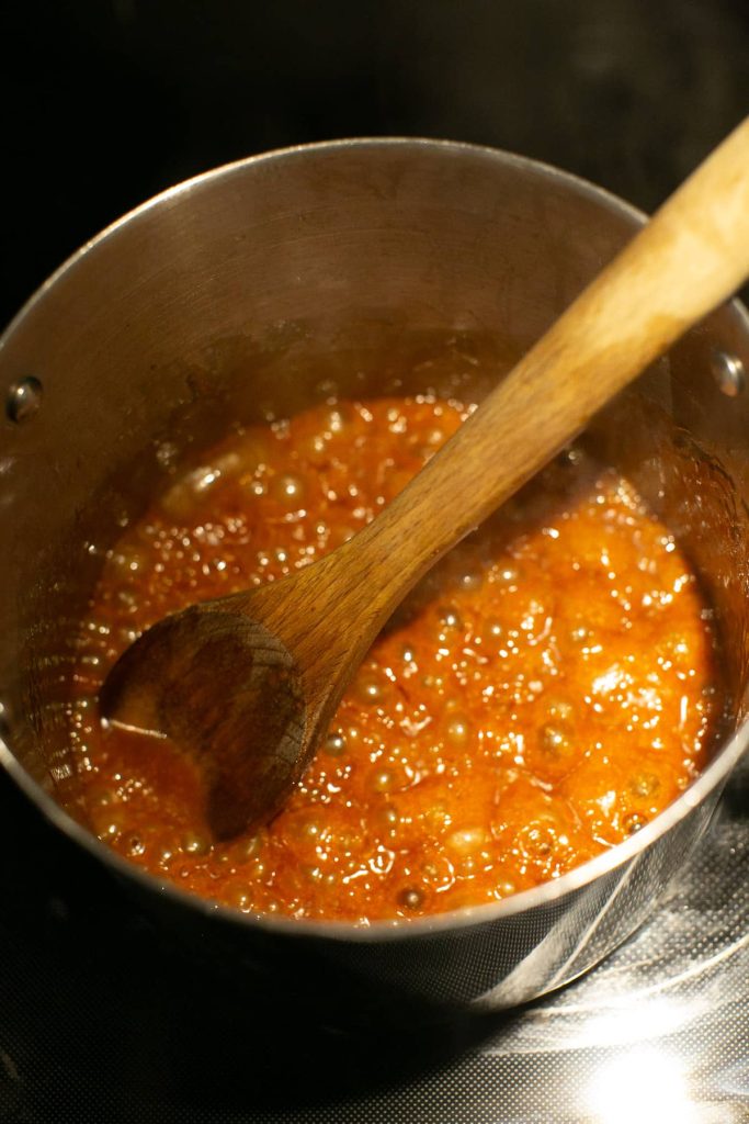 sugar being heated up for caramel sauce