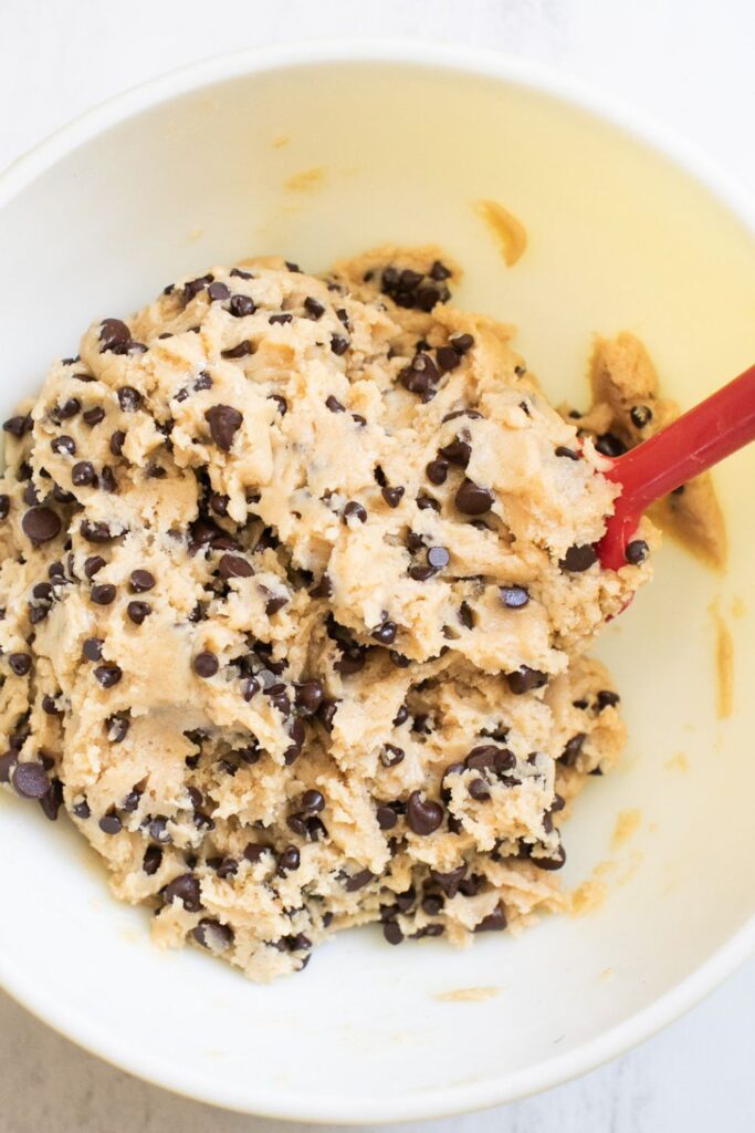 chocolate chips added to brown butter sourdough cookie dough
