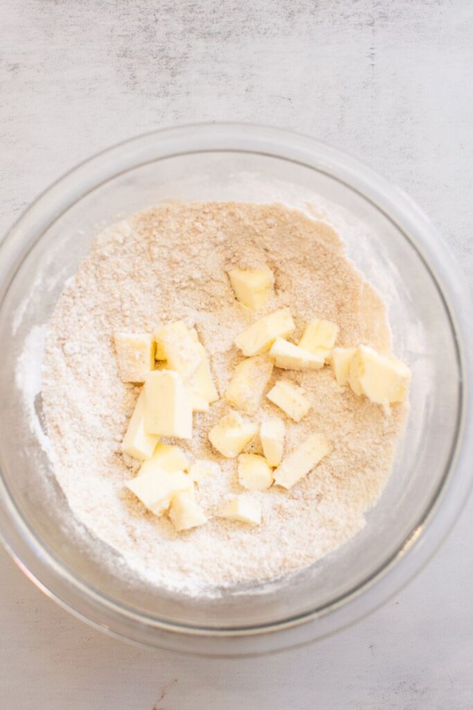 crumb topping with cold butter for caramel apple muffins