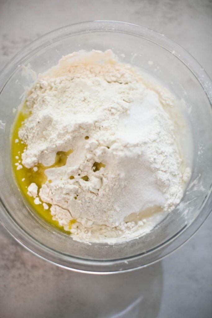 Ingredients for sourdough sandwich bread in a bowl