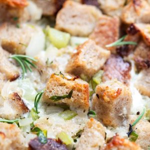 sourdough stuffing in a pan