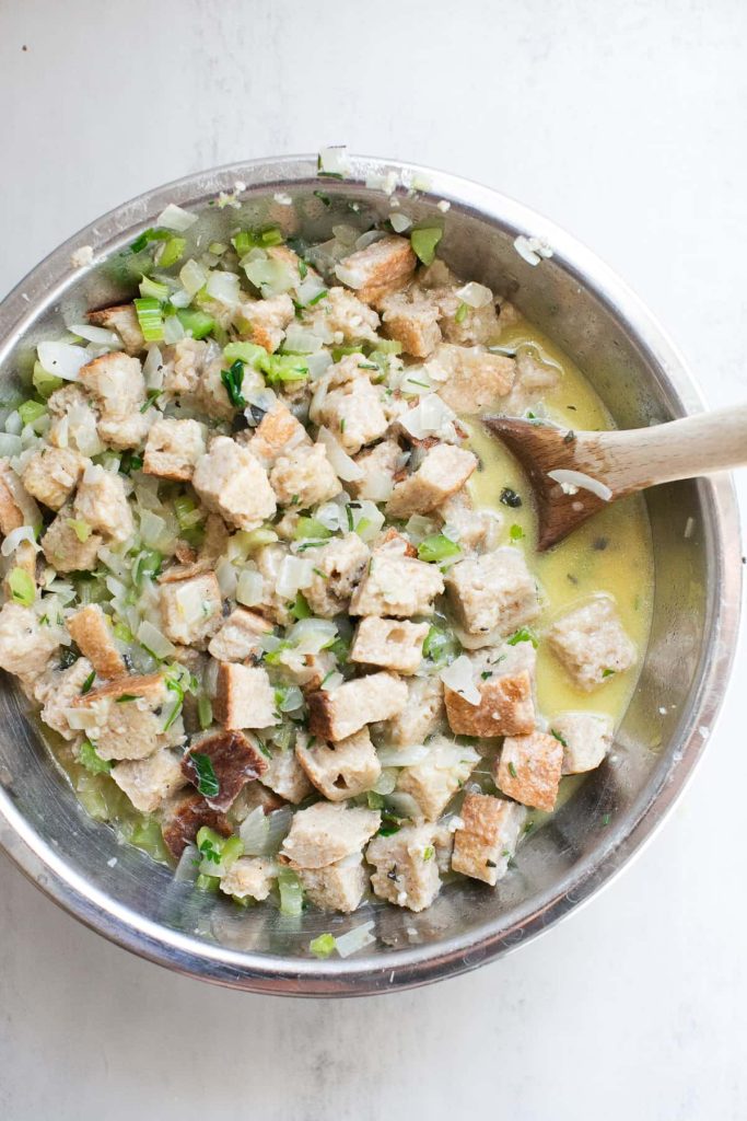 sourdough bread crumbs, onions and celery mixed together with chicken stock