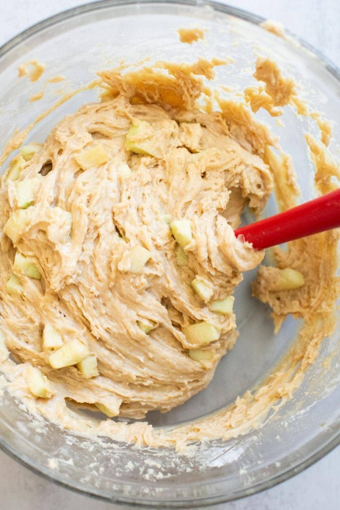 apple muffin batter with chopped up green apples