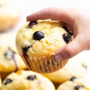 sourdough discard white chocolate chip blueberry muffins