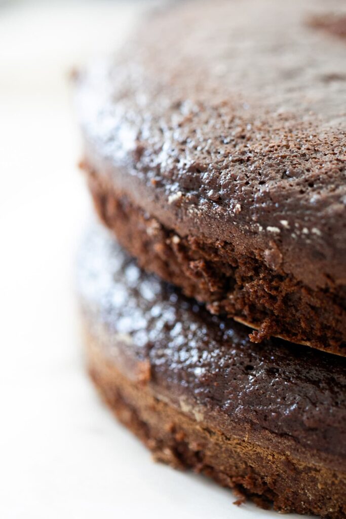 sourdough discard chocolate cake layers stacked together