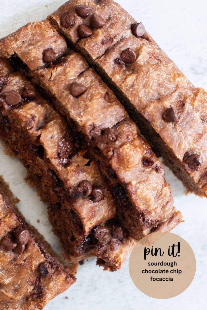 a pinterest pin with a photo of sourdough chocolate chip focaccia on it