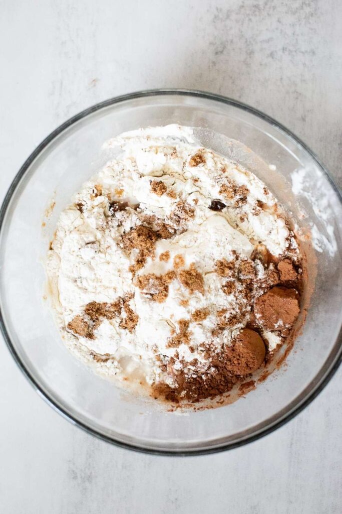 ingredients for sourdough chocolate chip focaccia in a bowl