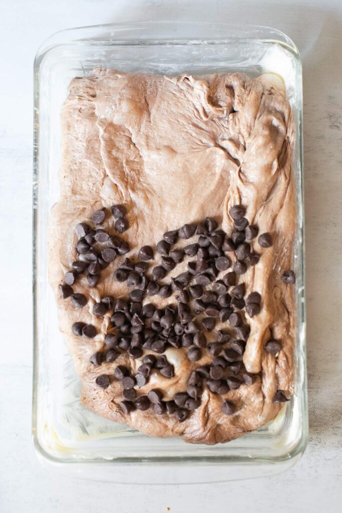 chocolate chips covering half of the sourdough chocolate focaccia loaf