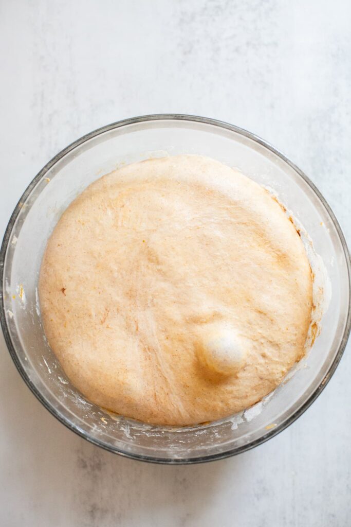 sourdough pumpkin focaccia bread after fermenting