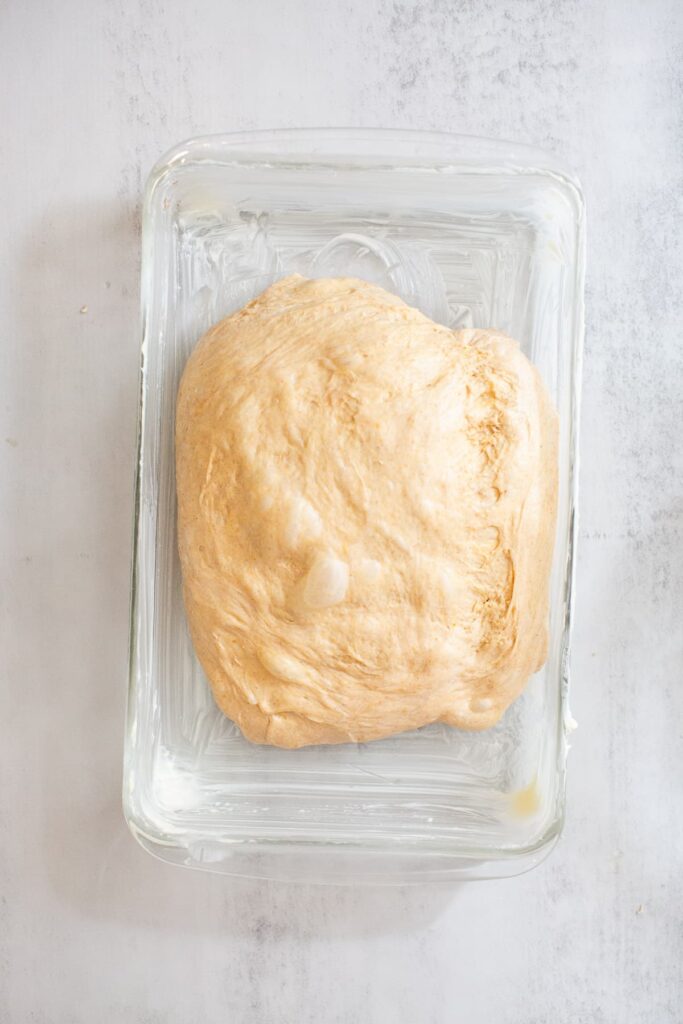 sourdough pumpkin spice focaccia bread in its second ferment 