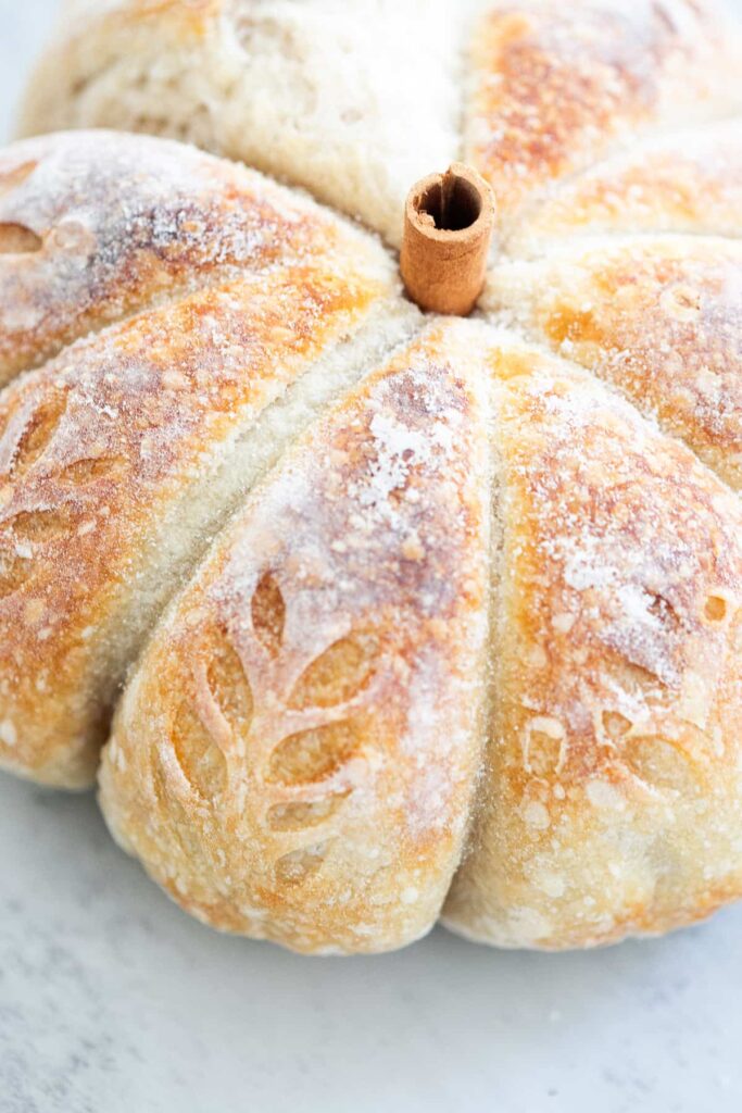 up close photo of a loaf of sourdough bread shaped like a pumpkin