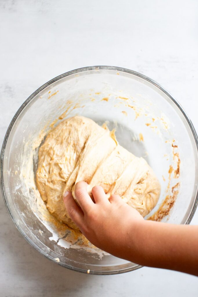 stretch and folds done on sourdough pumpkin focaccia bread dough