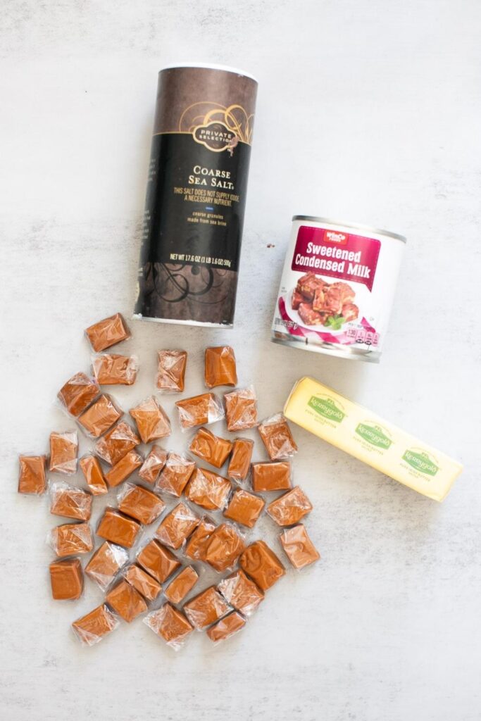 ingredients for caramel apple dip: caramels, butter, sweetened condensed milk