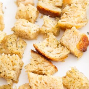 homemade sourdough bread croutons baked in oven