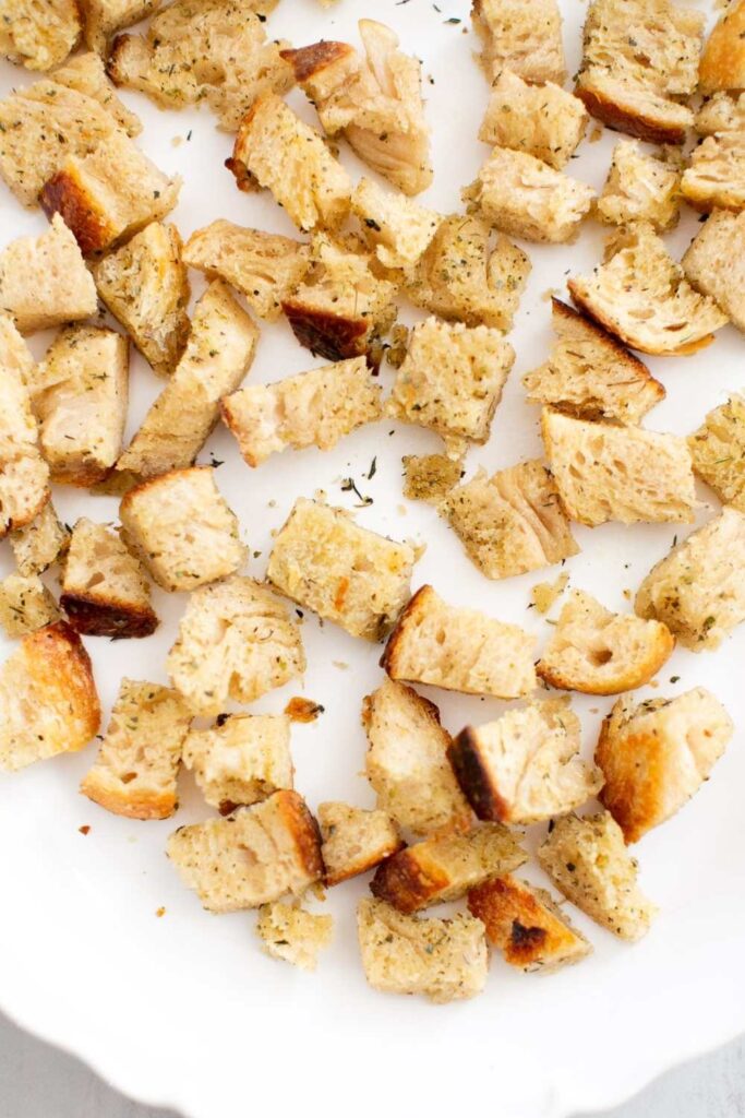 homemade sourdough croutons on a plate