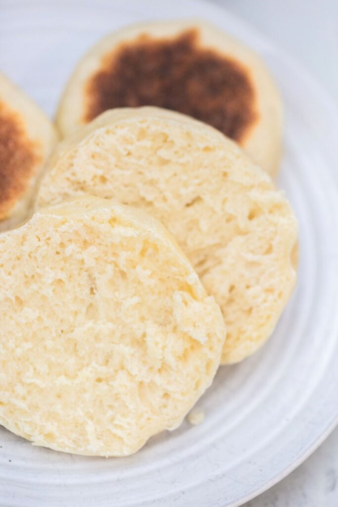 sourdough English muffins with nooks and crannies in the dough