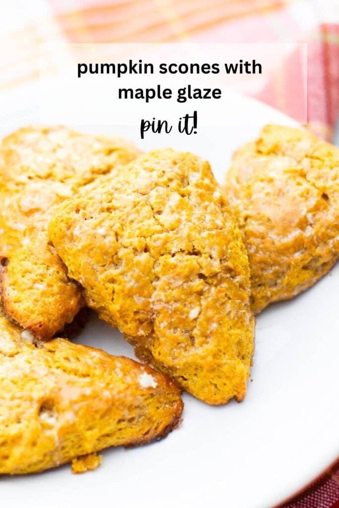 a pinterest pin with a photo of pumpkin scones with maple glaze on it