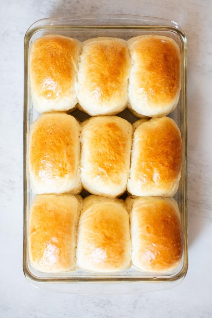 sourdough discard sandwich rolls in a baking dish
