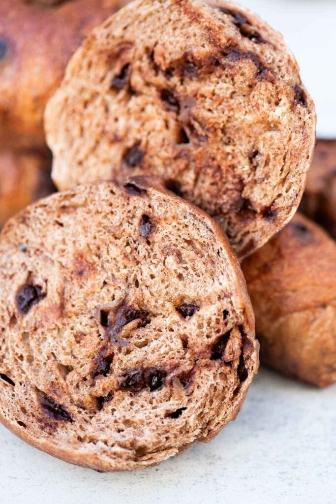 double chocolate chip sourdough bagels sliced in half 